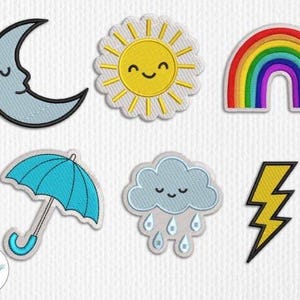 May include: Embroidered patches featuring weather and celestial designs. Includes a crescent moon, smiling sun, rainbow, blue umbrella, cloud with raindrops, and a yellow lightning bolt. The patches are on a white background.