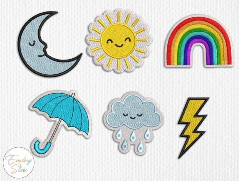 Op de afbeelding: Geborduurde patches met weer- en hemelthema's. Ontwerpen omvatten een halve maan, een lachende zon, een regenboog, een blauwe paraplu, een wolk met regendruppels en een gele bliksem. Patches op een witte achtergrond.