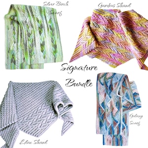Könnte beinhalten: Vier gestrickte Schals und Tücher werden gezeigt. Der "Silver Birch Schal" ist grün und weiß. Der "Gardens Schal" ist gelb, rosa und orange. Der "Lilac Schal" ist grau. Der "Galaxy Schal" ist blau, weiß und braun. Der Text "Signature Bundle" befindet sich in der Mitte.