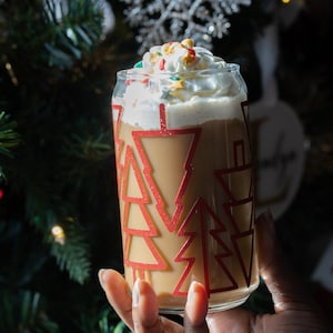 Tasse en verre avec couvercle en bambou pour arbre de Noël | Verre de canette de bière de Noël | Café glacé de Noël | Boîte esthétique hiver en verre | Boîte en verre de Noël