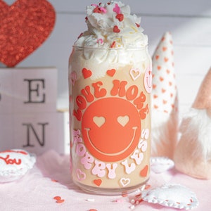 Valentine&#39;s Day Beer Can Glass | Galentine&#39;s Day | Iced Coffee Glass | Valentine&#39;s Day Coffee Cup | Hearts Glass Cup | Valentine&#39;s Day Gift