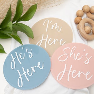 She’s Here Birth Announcement | He’s Here Acrylic Baby Sign | I&#39;m Here | Hospital Baby Name Sign | Newborn Photo Prop | Fresh 48 Photos |