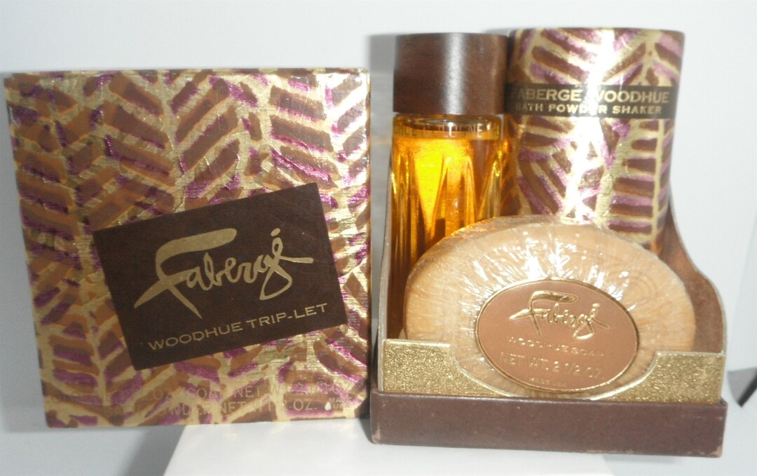 Faberge Woodhue Triplet Set for Women Oz Cologne Bath Powder and