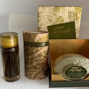 Faberge Aphrodisia Triplet Set for Women 1 oz Cologne Bath Powder and French Soap in Gold Foil Giftbox