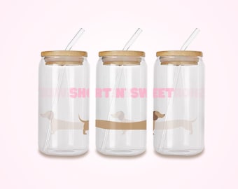 16oz Personalized Iced Coffee Glass Vinyl Cup, Dachshund Lover Gift, Dog Lover, Custom Dachshund Tumbler, Weiner Dog | Short N' Sweet