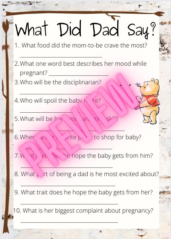 What Did Dad Say Baby Shower Game Winnie the Pooh Themed