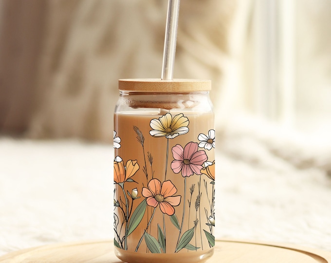16oz Libbey Glass with Wildflowers: Unique Beer Mug & Coffee Cup, Perfect Girls Trip Gift or Bridal Shower Gift for Her