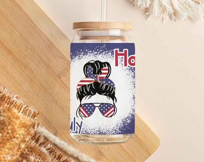 16oz Libbey Patriotic Sublimation Glass: Happy 4th of July American Flag Sipper Cup, Ideal Independence Day Gift for Her