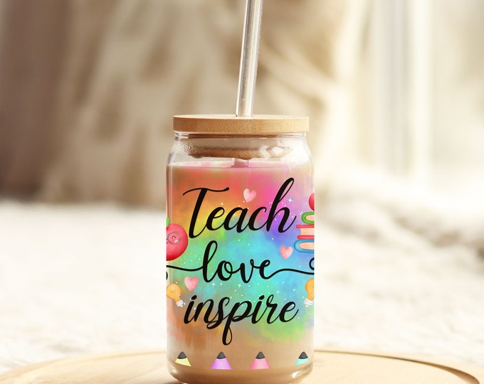 16 oz Libbey Glass: Teach Love Inspire | Crayons, Apple, Books | Great End of School Gift for Teacher | Unique Sipper Cup & Glassware