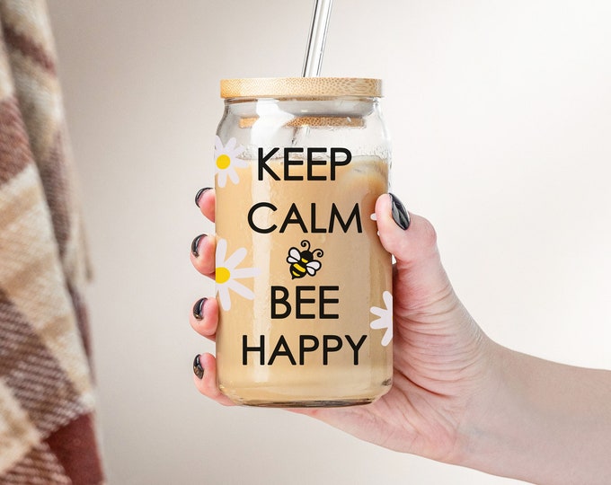 16 oz Libbey Glass: Keep Calm Bee Happy Daisy Beer Can - Unique Gift for Her, Girls Trip, Bridal Shower - Daisy & Bees Design
