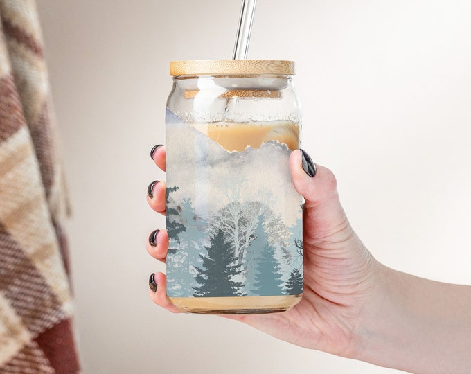 16oz Libbey Glass: Watercolor Mountain & Forest, Unique Gift, Camping Trip Essential - Ideal for Iced Coffee, Beer, Soda