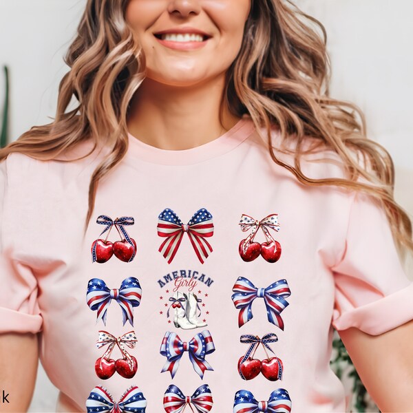 Short Sleeve Tshirt: American Flag Bows & Cherries, Coquette Style with Cowgirl Boots. 4th of July Theme. Ideal Gift for a Girly Cowgirl