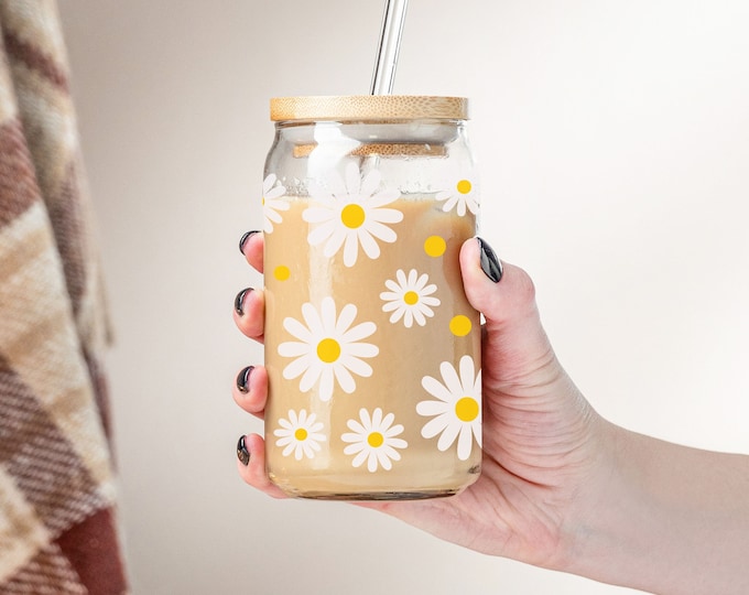 16oz Libbey Glass Daisy Jar Can: Bridal/Baby Shower, Girls Trip, Unique Gift, Iced Coffee Cup, Beer/Soda Can. Libbey Glassware