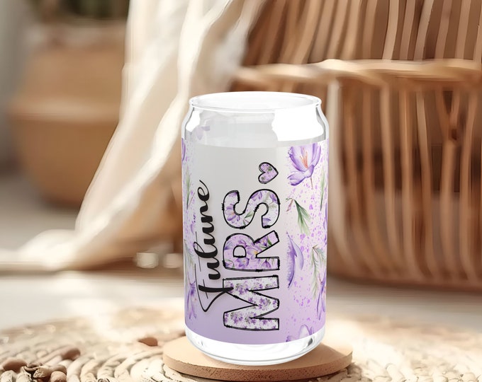Libbey Glass: Future Mrs Floral Engagement Announcement Bride-to-Be Mug Bridal Shower Gift Engaged Barware Sipper Bamboo Lid Unique Gift