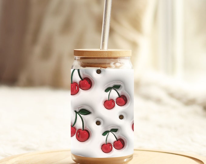 16oz Libbey Glass Coquette Cherries 3D: Bridal/Baby Shower, Girls Trip, Unique Gift, Iced Coffee Cup, Beer/Soda Can. Libbey Glassware