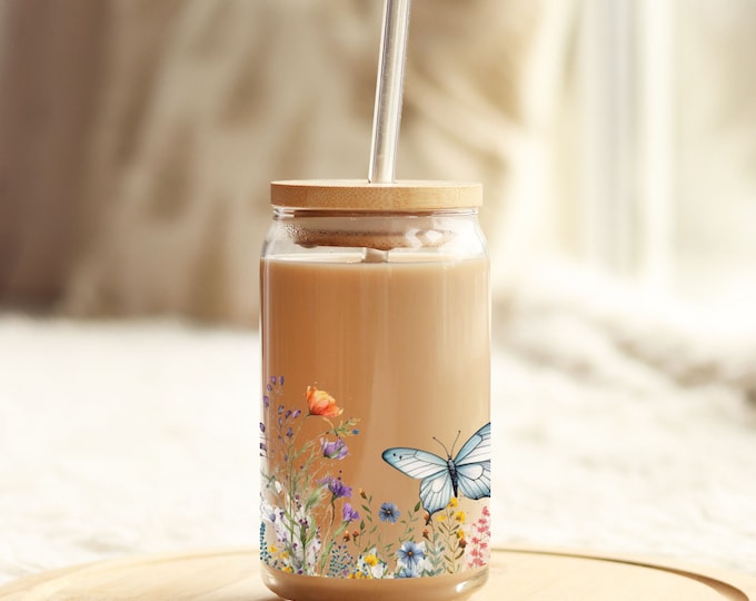 16oz Libbey Glass: Wildflowers and Butterflies - Unique Gift for Her, Bridal and Baby Shower, Girls Trip - Ideal for Iced Coffee, Beer, Soda