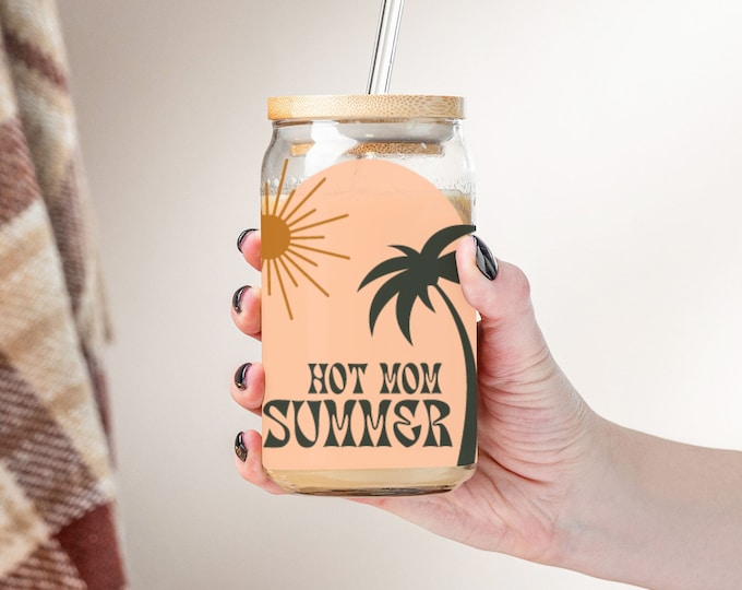 Hot Mom Summer 16oz Libbey Glass: Palm Tree Design, Girls Trip Gift, Unique Mom Gift, Glass Coffee Cup, Beer/Soda Can, Libbey Glassware