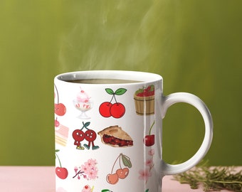 Coquette Cherries 11 oz Keramiktasse – Tasse mit rosa Blumen und Kirschen – handgefertigtes, einzigartiges Geschenk für Kaffeeliebhaber