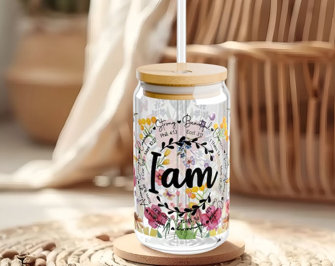 I am: 16oz Christian Libbey Glass with Bible Verses & Wildflowers - Self Love Affirmations - Great Gift for Her | Libbey Glassware