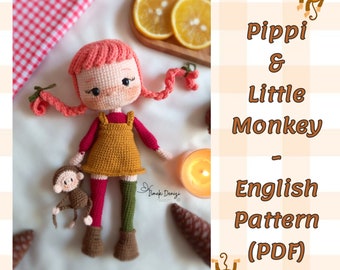 Crochet English Pattern - Pippi and Little Monkey (pdf) Digital Product #Redhaireddoll #digital #amigurumidoll