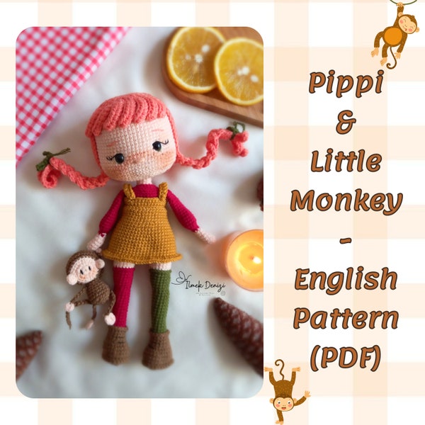 Crochet English Pattern - Pippi and Little Monkey (pdf) Digital Product #Redhaireddoll #digital #amigurumidoll