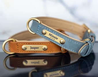 Customisable Engraved Vegan Leather Dog Collar with Gold-Tinted Stainless Steel - Available in Four Colours