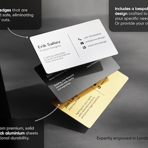 May include: Three business cards with rounded edges are stacked, each with a different colour and design. The top card is white, the middle is grey, and the bottom is gold. Text on the cards includes contact information and professional titles.