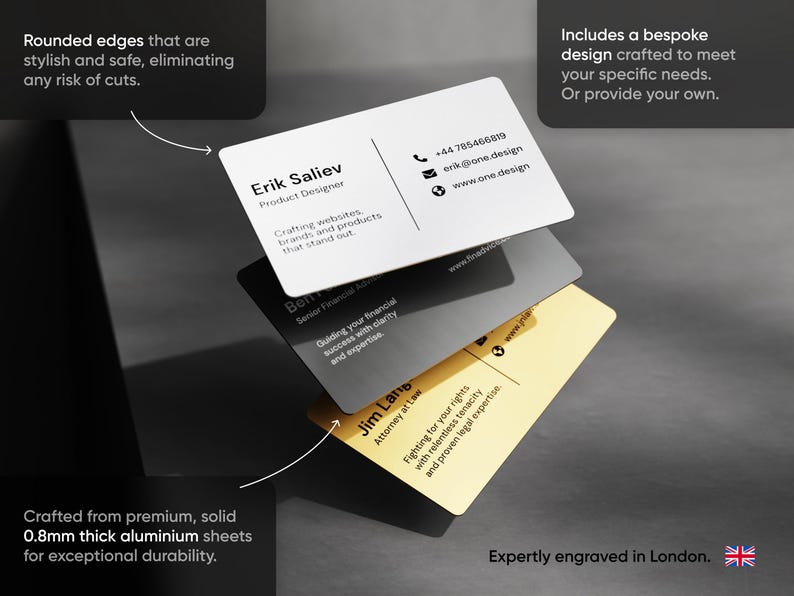 May include: Three business cards with rounded edges are stacked, each with a different colour and design. The top card is white, the middle is grey, and the bottom is gold. Text on the cards includes contact information and professional titles.