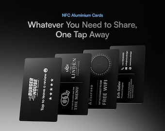 May include: A collection of black NFC aluminum cards with white text. The cards feature various designs, including restaurant logos, a WiFi symbol, and contact information. Text on the cards includes "Tap to leave a review" and "Tap to connect to our FREE WIFI."