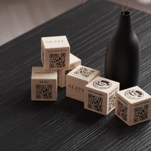 Custom QR Code Menu Cube, Deep Engraved Beech Wood Table Display, Restaurant Cafe Logo