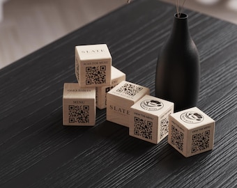 Custom QR Code Menu Cube, Deep Engraved Beech Wood Table Display, Restaurant Cafe Logo