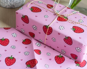 Summer Strawberries Eco Newspaper Gift Wrap, 500x700mm sheets, Recyclable Sustainable Newsprint Wrapping Paper, Floral Pink Birthday Paper