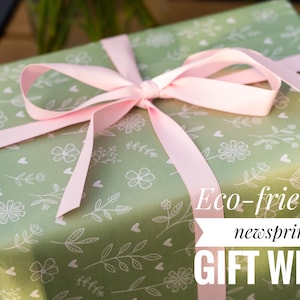 Sage Wildflower Newspaper Gift Wrap, Eco Recyclable Newsprint, Sustainable Birthday Wedding Wrapping Paper