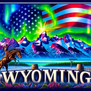 Paysage patriotique du Wyoming avec aurores boréales et cheval cabré - Art mural rectangulaire