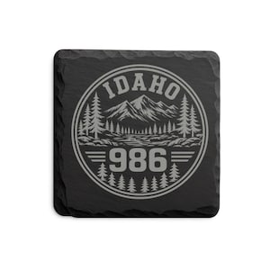 Idaho Area Code Slate Coasters| 208 & 986 Rustic Idaho Gifts| Engraved Mountain Cabin Stone Coasters| Laser Engraved Gift| Square or
