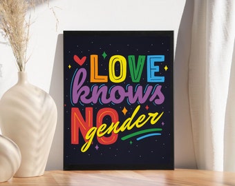 Love Knows No Gender, Pride Wall Art, Lesbian, Trans, Gay, Equality, LGBTQ, Queer, Printable Wall Art, Diversity, Digital Download Active
