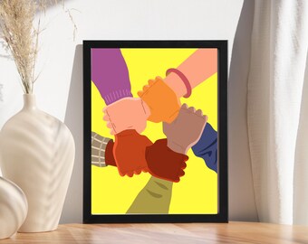 Together, Hands, Equality, Equity, Love, Friendship, Digital Download, Printable Wall Art, Yellow Art, Yellow