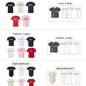 Puede incluir: Cat&aacute;logo de productos con camisetas y bodies en varios colores, incluyendo negro, blanco, azul marino, rojo y rosa claro. Se incluyen tablas de tallas para j&oacute;venes, ni&ntilde;os peque&ntilde;os y beb&eacute;s. La imagen tambi&eacute;n muestra un body de color natural.
