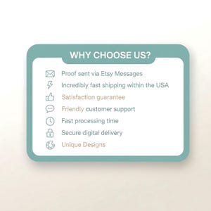 Puede incluir: Un gr&aacute;fico rectangular de color verde azulado con esquinas redondeadas muestra el texto "&iquest;POR QU&Eacute; ELEGIRNOS?" y vi&ntilde;etas. Las vi&ntilde;etas incluyen "Prueba enviada a trav&eacute;s de mensajes de Etsy", "Garant&iacute;a de satisfacci&oacute;n" y "Dise&ntilde;os &uacute;nicos".