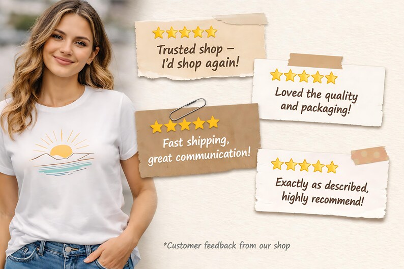 Puede incluir: Una mujer con una camiseta blanca con un dise&ntilde;o de amanecer. La imagen incluye comentarios de clientes en notas de papel con valoraciones de estrellas y texto como "Trusted shop - I'd shop again!"