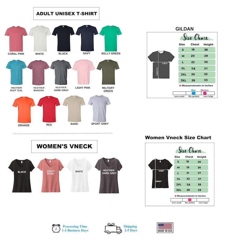 Puede incluir: Imagen de camisetas de varios colores, como rosa coral, blanco, negro y azul marino. Se incluyen tablas de tallas para Gildan y camisetas de cuello en V para mujer, con medidas en pulgadas.