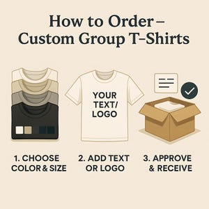 以下が含まれることがあります： How to Order - Custom Group T-Shirtsというタイトルの説明用グラフィック。白、ベージュ、グレー、黒の4枚のTシャツの重ね着、YOUR TEXT/LOGOという文字が入った白いTシャツ1枚、チェックマークが付いた段ボール箱が描かれています。