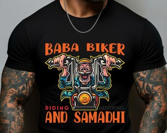 Baba Biker Riding And Samadhi T-Shirt, Zen Motorcycle Meditation Tee, Funny Spiritual Biker Shirt, Yoga Rider Gift, Psychedelic Chopper Art