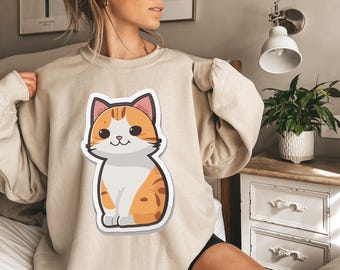 Cute Cat Sweatshirt, Cartoon Cat Hoodie, Kawaii Animal Graphic Crewneck, Unisex Cozy Pullover, Cat Lover Gift Idea, Birthday Gift