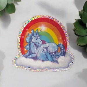 Large Rainbow Glitter Unicorn Pegasus Sticker - Waterproof Vinyl Decal