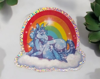 Pegatina grande de unicornio pegaso con purpurina arcoíris - Vinilo impermeable