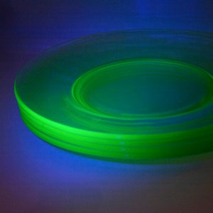 Uranium Glass Dinner Plates Vintage 1930s Green Depression UV Blacklight Vaseline Glass