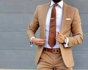 Men 2 Piece Suit Light Brown Tuxedo Suit Perfect For Wedding, Dinner Suits, Wedding Groom suits, Bespoke For Men