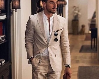 Trajes de lino para hombres Beige 2 piezas de lino traje de boda de playa novio, estilo de pecho, ajuste delgado, ropa de fiesta, abrigo de cena, abrigo con estilo, abrigo elegante.