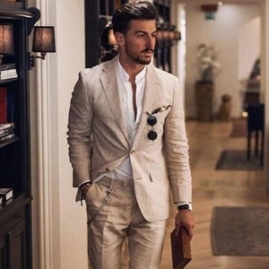 Men Linen Suits Beige 2 Piece Linen Beach Wedding Suit Groom,Breasted Style, Slim Fit, Party Wear, Dinner Coat, Stylish Coat, Elegant Coat.